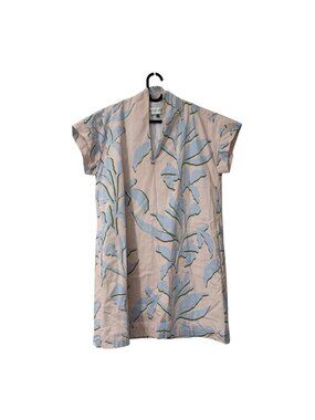 Brooke Wright Beige Blue Floral Botanical Short Sleeve Dress Womens Small